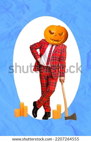 Vertical collage illustration of spooky man halloween pumpkin carved face instead head plaid costume lean ax serial killer butcher concept