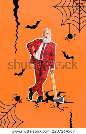 Collage artwork graphics picture of serious confident old guy holding sharp blade isolated painting background