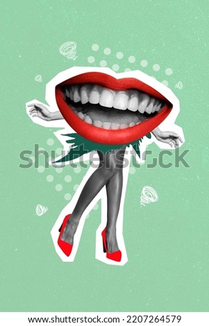 Artwork magazine picture of happy smiling mouth red pomade walking slim lady legs isolated drawing background