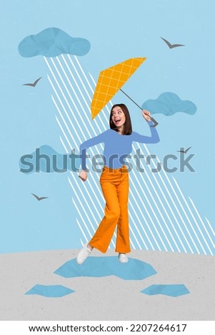 3d retro abstract creative artwork template collage of positive happy funny young woman hold umbrella protect rainy weather autumn walking
