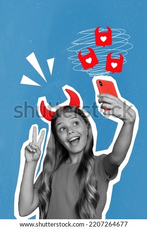 Creative 3d collage artwork poster of attractive girl make video show two fingers peace victory sign gesture isolated on drawing background