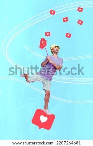 Photo cartoon comics sketch picture of happy smiling guy catching flying heart likes signs isolated drawing background