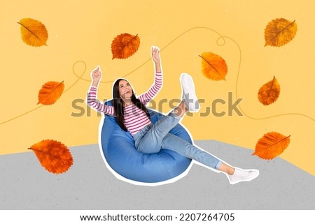 Collage 3d image of pinup pop retro sketch of funny funky attractive happy woman sit outdoors soft beanbag autumn golden falling leaves Royalty-Free Stock Photo #2207264705