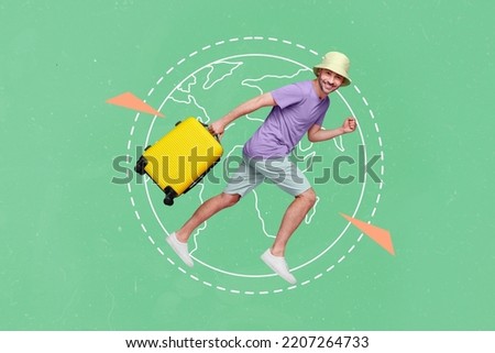 Collage 3d image of pinup pop retro sketch of funny funky running fast man want see world tourist carry suitcase around planet adventure