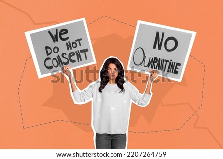 Collage advert lady rebellion fight against constant covid quarantine isolated on red orange color background