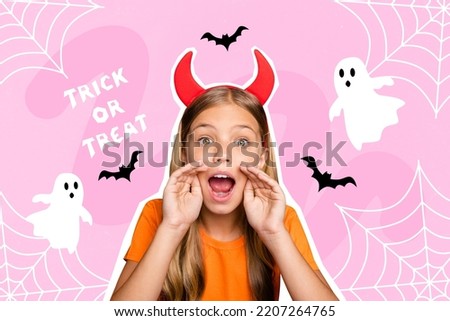 3d retro abstract creative artwork template collage of charming small child girl fake devil horns share secret information halloween banner