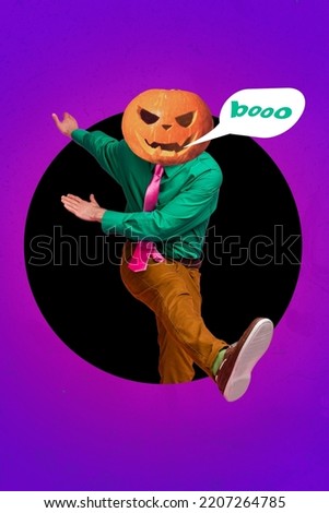 Vertical collage picture of crazy person walk hole dance halloween pumpkin instead head make booo scary voice