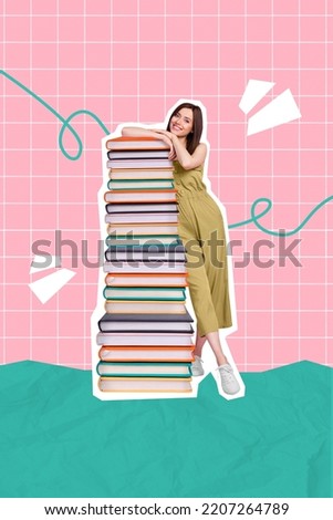 Banner advert collage of lady high school learner advertise bookshop variety materials isolated painted plaid background Royalty-Free Stock Photo #2207264789