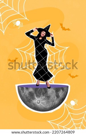 Poster collage of lady wizard stand on half sphere moon dressed theme costume isolated yellow color spider web decor background