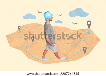 Composite collage picture image of calm funny walking tourist traveler adventure route map visit different countries abroad sightseeing