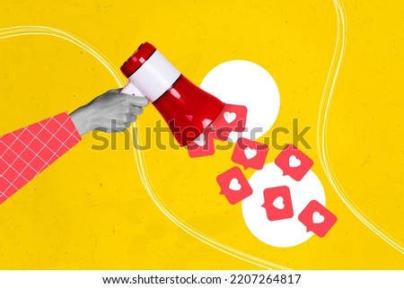 Exclusive minimal magazine sketch collage of hand holding megaphone loudspeaker likes followers notifications sound social media blogging