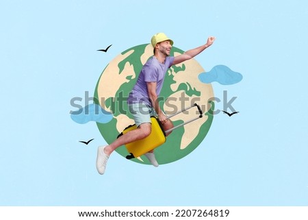 3d retro abstract creative artwork template collage of funny funky excited man riding flying baggage planet earth traveler journey plane