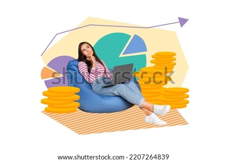 Composite collage image of thoughtful minded businesswoman look charts diagrams create business strategy plan collect golden coins capital