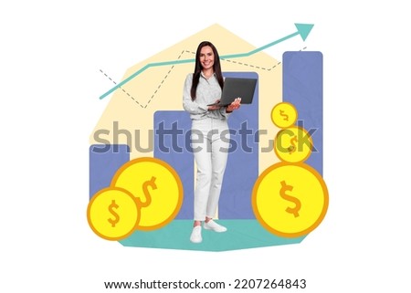 Creative drawing collage picture of confident responsible businesswoman manager check investment results money earn trading graphics