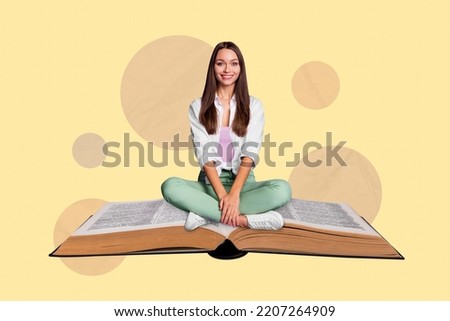 Magazine poster collage of lady sitting big book exam high school materials learning isolated on pastel color background