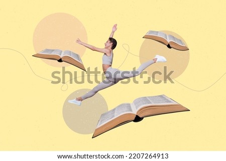 Composite collage picture image of active excited gymnast young woman jumping books get knowledge diligent learner library textbooks