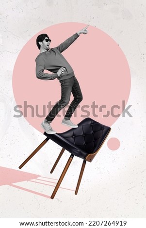 Creative photo 3d collage poster postcard artwork of happy boy stand cair black white gamma free time isolated on drawing background