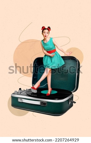 Creative drawing collage picture of miniature funky funny woman dancing big retro vinyl recorder oldschool music lover enjoy song melody