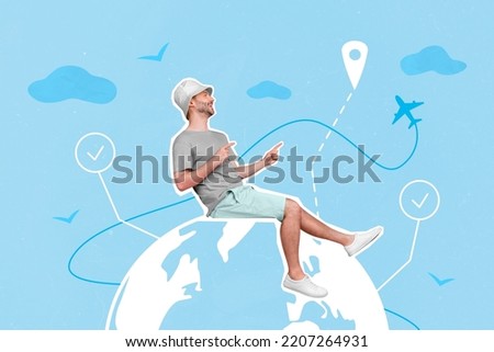 Creative drawing collage picture of funny positive man tourist point location mark gps plane sit planet earth traveler service convenience