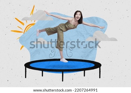 Creative collage picture of excited cheerful girl jumping bounce isolated on painted sun clouds background