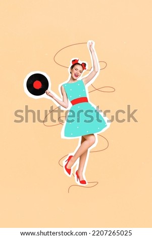 Composite collage picture image of funny charming beautiful female retro 70s 80s garment dress hand hold vinyl vintage record dancing