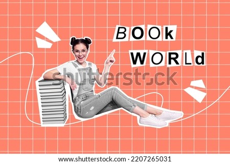 Magazine pop collage of schoolgirl advertise bookshop book world season discounts for schoolkids isolated red plaid background
