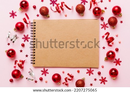 Christmas blank greeting card mock-up scene. Creative layout made of Christmas toy and paper card note. Flat lay. Nature New Year concept.