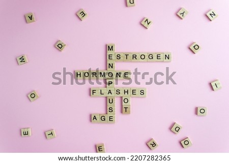 Word Menopause, Esrogen, Hormone, Age and Hot Flashes on wooden blocks on pink background. Women's health periods concept. Royalty-Free Stock Photo #2207282365
