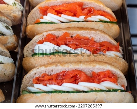 Delicious German filled mini baguette with salmon, fresh cucumber and boiled eggs