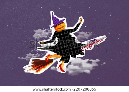 Artwork magazine picture of funny funky witch pumpkin instead of head flying broom isolated drawing background