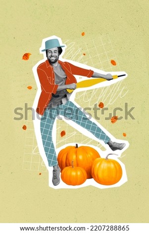 3d retro abstract creative artwork template collage of happy smiling guy dancing umbrella gathering pumpkins isolated painting background