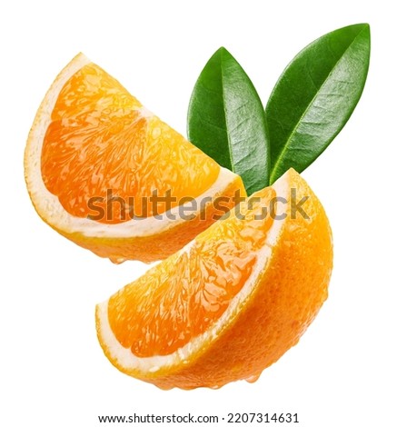 Orange isolated. Ripe juicy orange slices on a white background. Fruit levitation. Royalty-Free Stock Photo #2207314631
