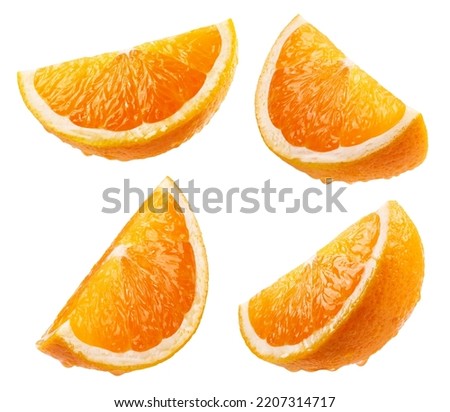 Orange isolated set. Collection of ripe juicy orange slices in water drops on a white background. Royalty-Free Stock Photo #2207314717