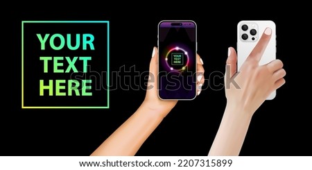 Man or woman realistic hand holding mobile phone. Back hand holding realistic smartphone with white colours. Advertisement template design concept with smartphone isolated on black background. Vector.