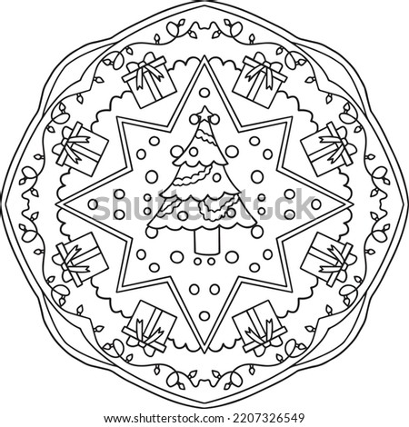 Hand Drawn Christmas and gift boxes mandala. Doodle art for Merry Christmas or Happy new year card. Coloring page for adults and kids.