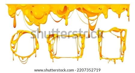 Melt cheese frames, cartoon set of borders with mellow dripping stretches, design elements for pizza, sandwiches or pasta, cheesy food texture flow isolated on white background, Vector illustration Royalty-Free Stock Photo #2207352719
