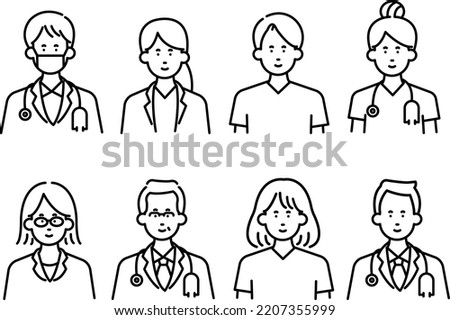 Clip art set of doctor's upper body, line drawing.