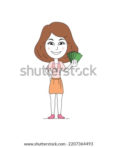 Corporate Girl holding cash money in hands. Cheerful young girl holding currency notes. girl character clip art vector isolated on white background.