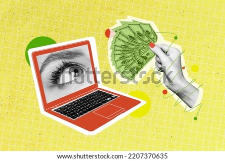 Composite collage picture of creative collage arm hold dollar usd banknotes bills netbook screen human eye isolated on drawing background