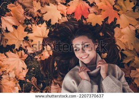 Hight angle view photo of shiny cute lady dressed warm collar sweater lying grass yellow leaves enjoying sunny weather outdoors urban town park