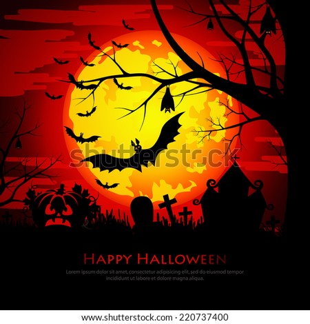 Happy Halloween background with moon and bats on a red background