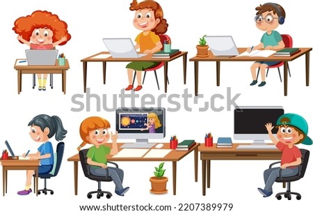 Set of different kids doing homework illustration