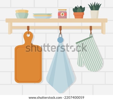 Kitchen equipment and dishware on shelf. Vector illustration in flat style with silhouettes isolated on background.
