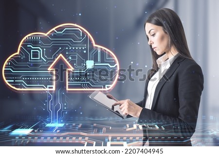 Cloud service concept with digital glowing cloud sign with arrow up and circuit inside on businesswoman using tablet background, double exposure