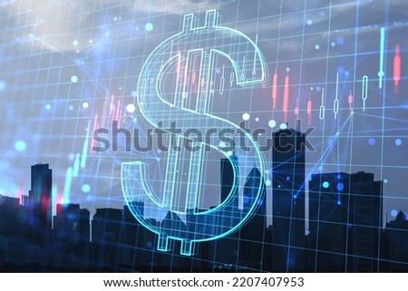 Creative glowing dollar hologram and forex chart on blurry city backdrop with grid. Money, trade, market, online banking app, currency and finance concept. Double exposure