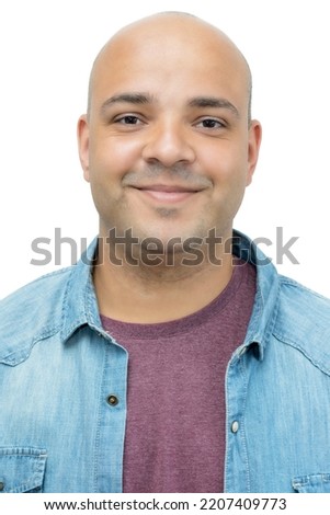 Passport photo of smiling head adult man isolated on white background for cut out