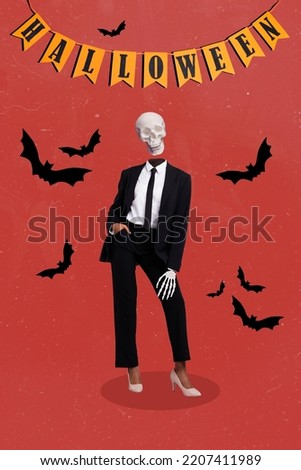 3d retro abstract creative artwork template collage of stylish woman wearing costume skeleton skull head heels halloween decorations party