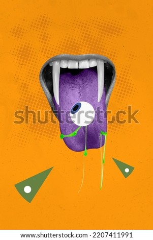 Collage 3d image of pinup pop retro sketch of vampire dracula mouth sharp fangs tongue out eat human eye predator bloody halloween poster