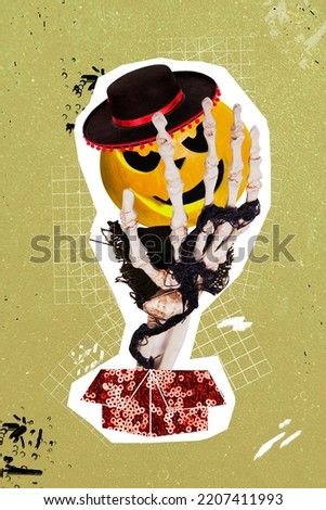 Vertical collage picture of dead arm skeleton hold carved pumpkin mexican hat isolated on terrifying background