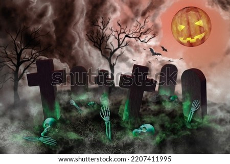 Composite collage illustration of mysterious terrifying atmosphere graveyard undead skeletons carved pumpkin instead moon